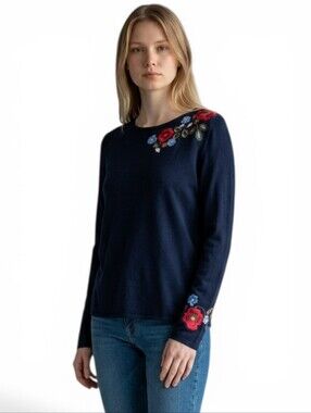 Basler Floral Embroidered Sweater Navy Blue Twee Cottagecore Grandmacore Medium